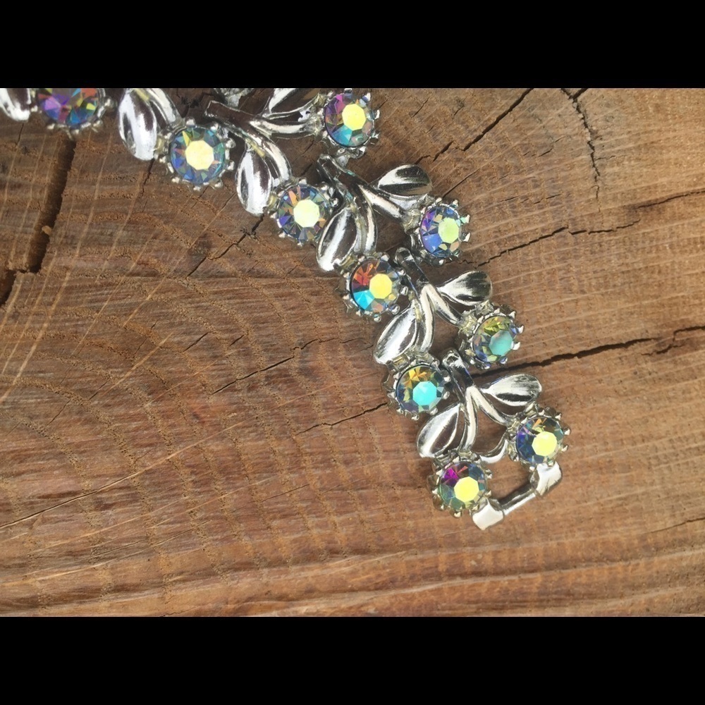 Silver Flower Bracelet Iridescent Stones